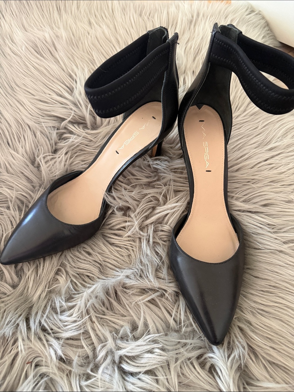 Via Spiga Black Pointed Ankle-Strap Pumps